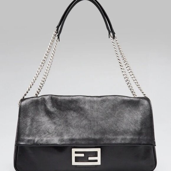 Fendi Black Calfskin Leather Large Baguette Chain Bag- 8BR828 - Picture 1 of 10